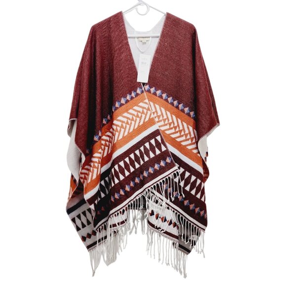 Loft Outlet Reversible Wrap Poncho With Fringe Geometric Print one Size - Picture 11 of 12